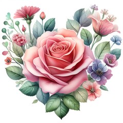 Watercolor paint rose flower heart shape for Valentine's Day card decor