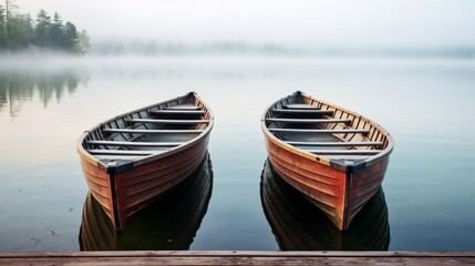 two canoes tethered to a wooden dock, their calm reflections in the water set against a pristine...