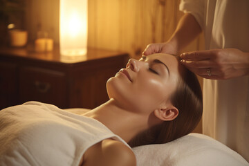Woman having facial massage at beauty spa for her skin treatment, in the style of ultrafine detail, large canvas format, biedermeier, soft light


