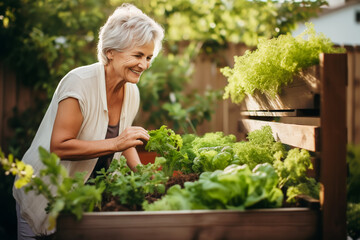 Obraz premium Smiling senior woman enjoying gardening in lush raised garden beds
