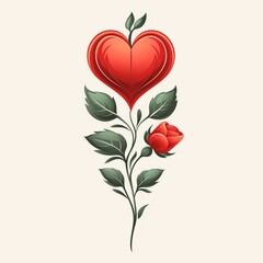 Branch of roses with flowers shaped like red hearts, on a white background