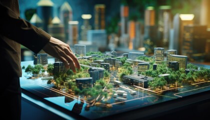 Human touching a advanced technology based on hologram light with greenery city, eco-friendly city on a city background with hologram network icons for energy source research, renewable energy concept