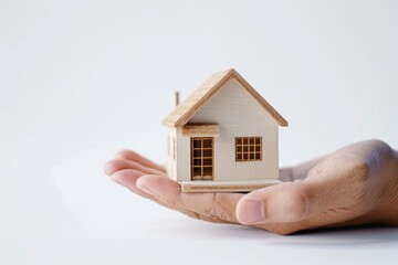 A hand holding a miniature model of a modern house. concept real estate dream home