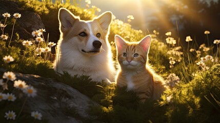 the light of a spring day enhances the brightness of the meadow, showing off the texture of the dog and cat's fur and adding warmth and sincerity.