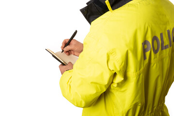 Policeman in yellow trench coat writing a ticket. Security officer on white background. Compliance...