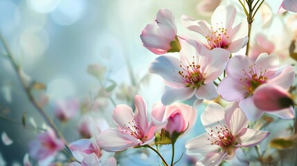 Background of beautiful, blooming spring pink flowers in sunlight