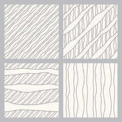 Set of vector doodle diagonal seamless patterns from grey wavy lines on a beige background