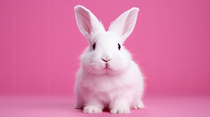 Naklejka na ściany i meble a white rabbit on a pink background that will complement the white rabbit fur. This creates an aesthetic composition that emphasizes the rabbit as the main character