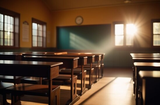 Empty defocused university classroom. Blurred school classroom without students with empty chairs and tables. back to school