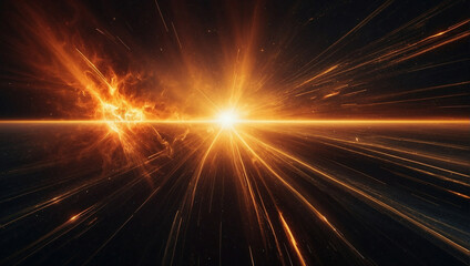 Bright orange light explosion on black background. Space art, abstract wallpaper, anamorphic lens flare, volumetric lighting. Ideal for illustrating science news - Powered by Adobe