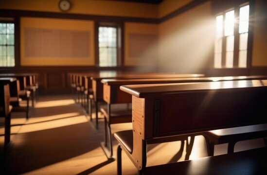 Empty defocused university classroom. Blurred school classroom without students with empty chairs and tables. back to school