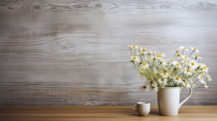 field daisies in a white metal mug on a wooden surface, creating a subtle and thoughtful composition, each element creating a clean and concise visual image.