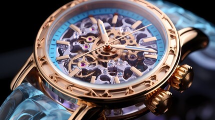 A transparent watch displaying intricate gears on a pastel blue surface