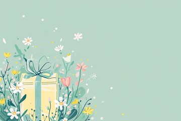 Obraz premium spring gift box with white flowers and green ribbon, mothers day card, valentines day, promotions, and seasonal discount, flat illustration.