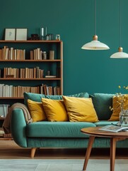Stylish Scandinavian Home Interior with Green Loveseat Sofa and Wooden Bookcase against Teal Wall