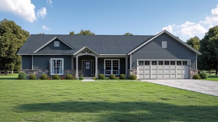 Suburban Residence: Modern Grey Model Home with Garage and Spacious Yard - obrazy, fototapety, plakaty