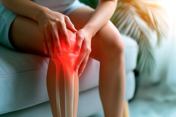 Woman Holds Her Knee, Knee Pain Concept Illustration, Leg X-Ray, Knee Cap Problems - obrazy, fototapety, plakaty