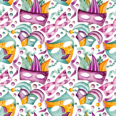 Seamless watercolor pattern. Masquerade masks, jester's hat, colorful confetti, beads, ribbons. Carnivals, Mardi Gras, festivals. Design for wrapping paper.