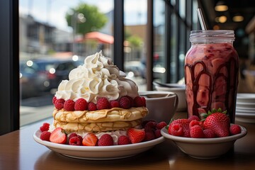 Thematic Party Breakfast: pancakes, strawberries and coffee in vibrant celebration., generative IA