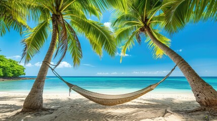 Beachside Relaxing Hammock Scene hung between palm trees on a tropical beach.