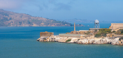 Aerial view of the prison island of Alcatraz in San Francisco Bay, Alcatraz jail in San Francisco...