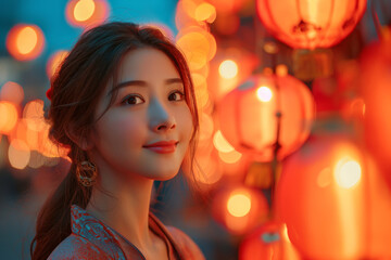 Portrait of attractive asian woman on Lunar New Year and Chinese lights in the background