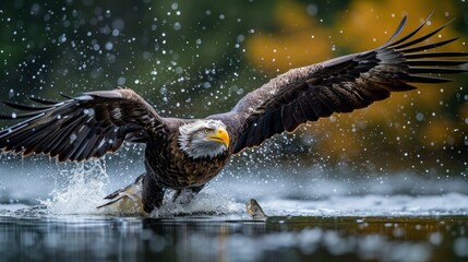 eagle flying and catching a fish mid air - obrazy, fototapety, plakaty