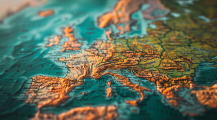 Fototapeta premium A detailed close-up view of a map of Europe. Ideal for illustrating geographical information or planning travel itineraries