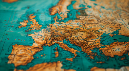 A detailed close-up view of a map of Europe. Ideal for illustrating geographical information or planning travel itineraries