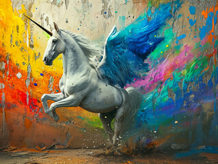 White pegasus coming out of a rainbow, twinkling stars all around, soft diffused light, front camera, on a weathered wall, graffiti, street art. Concept design illustration.