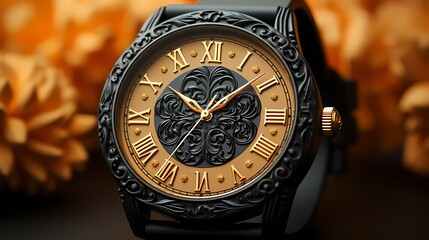 A vintage-style black and gold watch on a pale orange surface