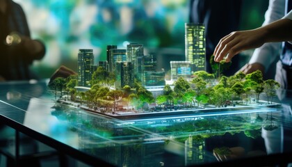 Human touching a advanced technology based on hologram light with greenery city, eco-friendly city on a city background with hologram network icons for energy source research, renewable energy concept