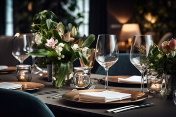 A well-set table with elegant place settings, including dinner plates, glasses, silverware, and napkins, Beautifully decorated table at a restaurant, Light background, AI Generated
