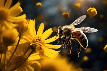 A lively bee gracefully hovers above a vibrant bunch of yellow flowers against a backdrop of leafy green plants, Bees hovering above a stunning yellow flower, AI Generated