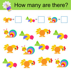 Math activity for kids. Developing numeracy skills. Cartoon snail, bird