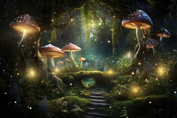 Naklejka premium A mesmerizing sight of a group of mushrooms flourishing in the heart of a lush forest, An enchanted forest with little magical creatures and sparkling mushrooms, AI Generated