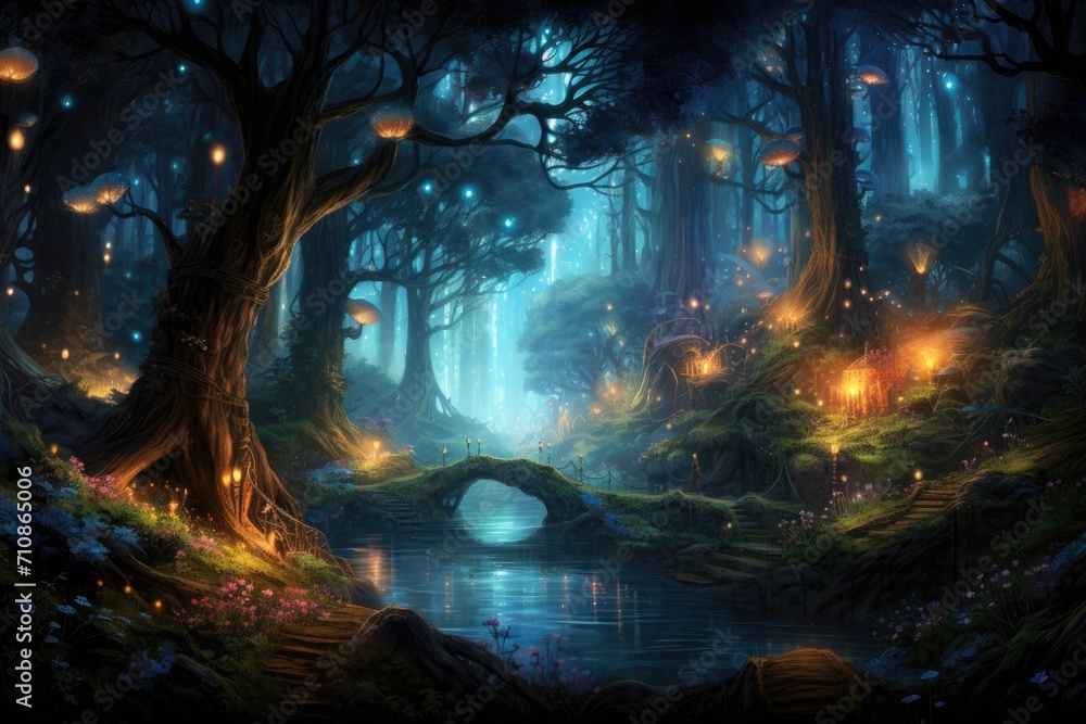 Poster illuminated forest hosting a dense array of trees, an enchanted forest with little magical creatures