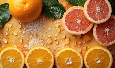 Colorful and juicy slices of citrus fruits, oranges and grapefruits.