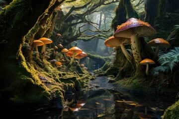 A collection of various mushrooms growing together on the forest floor, An enchanting fairy glen with vibrant mushroom groves, AI Generated - obrazy, fototapety, plakaty