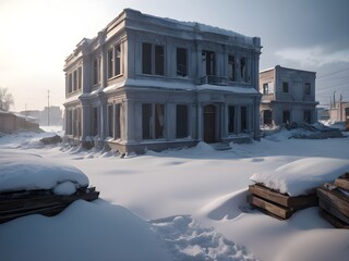 Remains of the destroyed building covered with snow. Generative AI