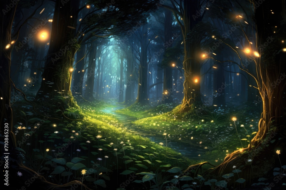 Poster a stunning forest filled with an enchanting array of lights and lush trees, an enchanting forest fil
