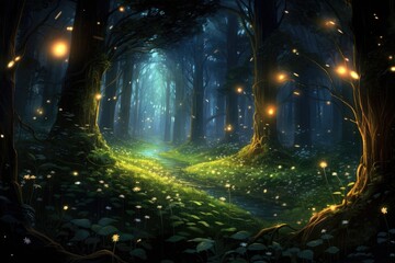 A stunning forest filled with an enchanting array of lights and lush trees, An enchanting forest filled with fireflies at dusk, AI Generated