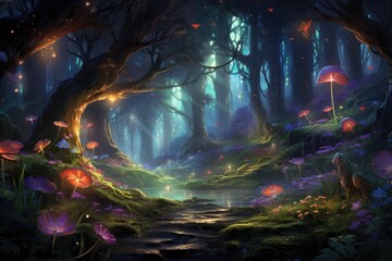 Breathtaking Forest Abloom With Vibrant Purple Flowers, An enchanting forest scene populated with mystical creatures and filled with glowing flora, AI Generated