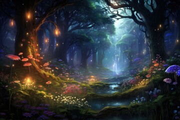 A serene painting of a lush forest with a gentle stream flowing through its midst, An enchanting forest scene populated with mystical creatures and filled with glowing flora, AI Generated