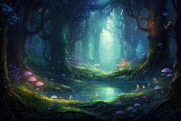 A captivating painting that depicts an expanse of lush trees in a serene forest, An enchanting forest scene populated with mystical creatures and filled with glowing flora, AI Generated