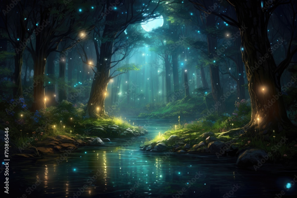Poster a mesmerizing view of a forest teeming with numerous trees and illuminated by enchanting lights, an 