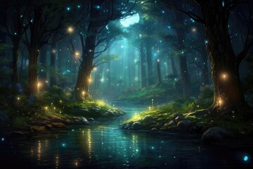 A mesmerizing view of a forest teeming with numerous trees and illuminated by enchanting lights, An enchanting moonlit forest with fireflies hovering around, AI Generated