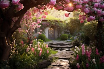 A peaceful garden adorned with vibrant flowers and a charming stone path, An enchanting spring garden in full bloom, AI Generated