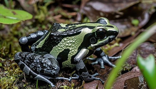 Green and black poison frog rests on the forest floor, rare species image