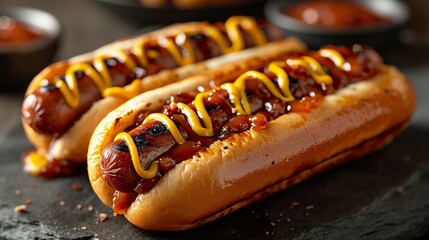 Hot dog product photo with fresh made hot dog sausage - obrazy, fototapety, plakaty